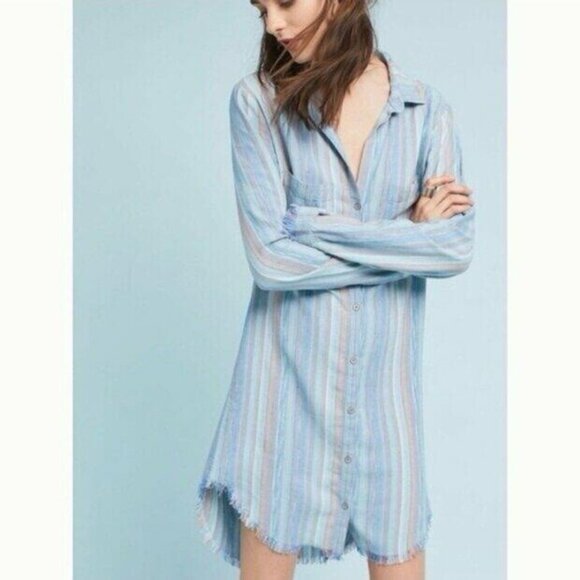 Cloth Stone Anthropologie Dress Shirt‎ Button Frayed Hem Linen Lagenlook - Picture 1 of 14